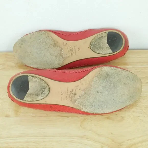 Valentino Garavani 38 Shoes Slip On Ballet Flats Peep Toe Red Leather Luxury - Picture 15 of 16